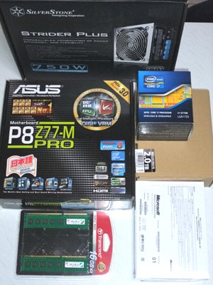 「 Silver Stone ATX12V2.3/EPS 750W プラグイン方式 80PLUS Silver シングルレーン SST-ST75F-P」
「Microsoft Windows7 Professional 64bit  Service Pack 1 日本語 DSP版 DVD 【LANボードセット品】機能説明小冊子付」
「ASUSTek Intel Socket 1155 DDR3メモリ対応 M-ATXマザーボード P8Z77-M PRO」

「 Intel CPU Core i7 3770K 3.5GHz 8M LGA1155 Ivy Bridge BX80637I73770K【BOX】」
「Transcend JetRam デスクトップPC用増設メモリ PC3-12800(DDR3-1600) 16GB KIT(8GB×2) 永久保証 JM1600KLH-16GK」
「WD Green 3.5inch IntelliPower 2.0TB 64MBキャッシュ SATA3.0 WD20EZRX/N」